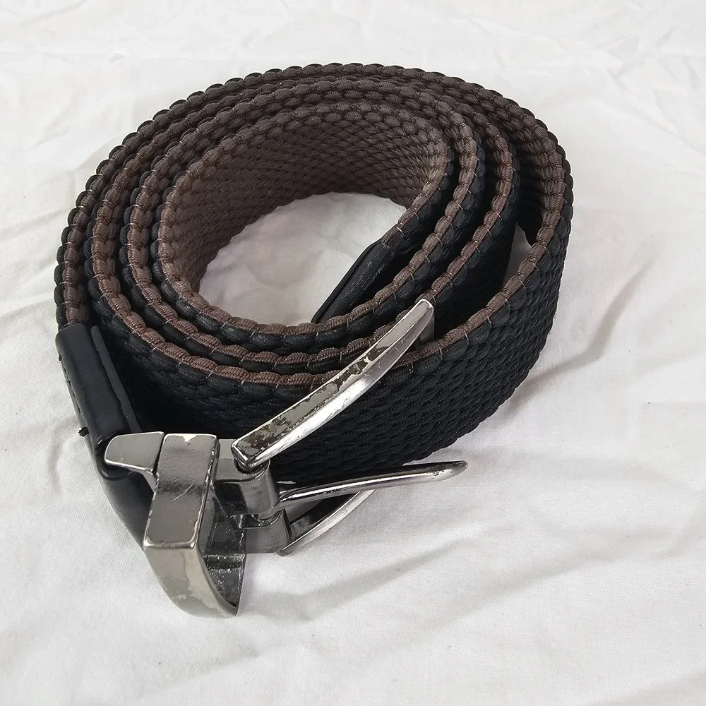 TOMMY BAHAMA Mens L XL Braided Cotton Woven Black Leather Trim Belt Silver Work